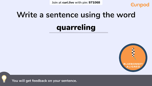 Curipod vocabulary slide with the lesson's focus word and an interactive prompt